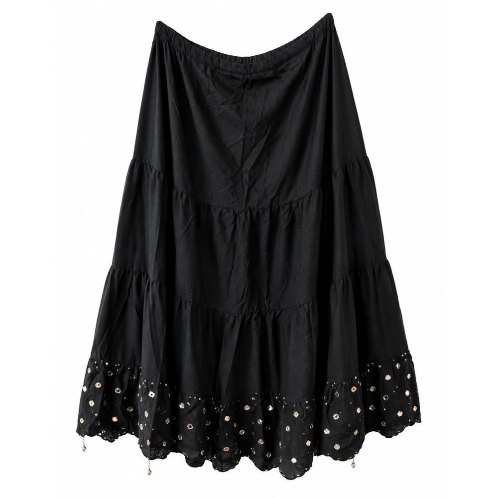 Edward Boho Black Tiered Midi Skirt Mirror Sequin Details Size L